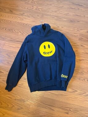 Authentic DREW Navy Hoodie with Yellow Smiley Chest Logo